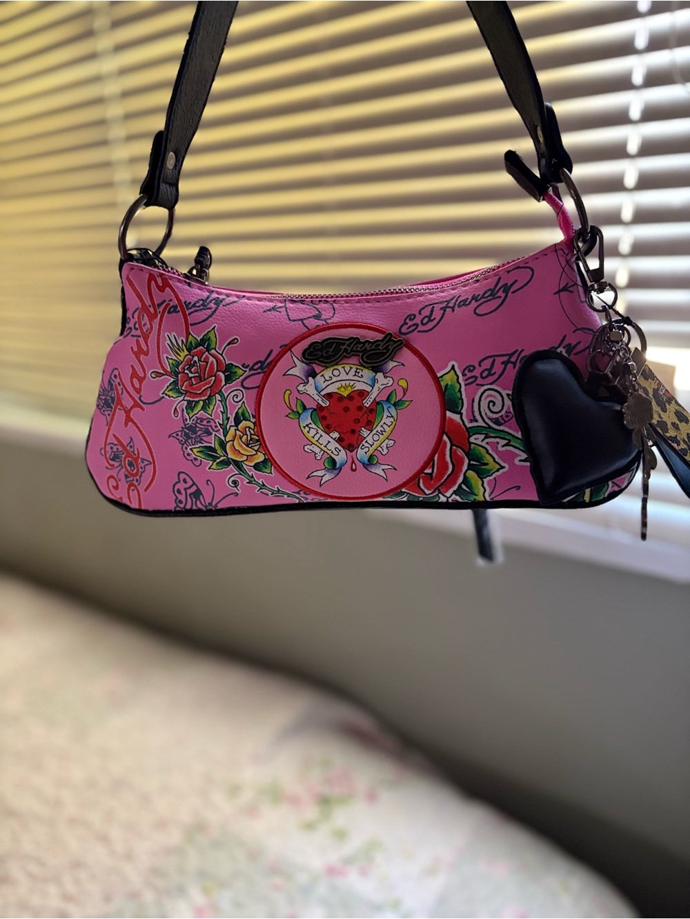 Ed Hardy Pink Floral Tattoo Mini Shoulder Bag with Heart Charm